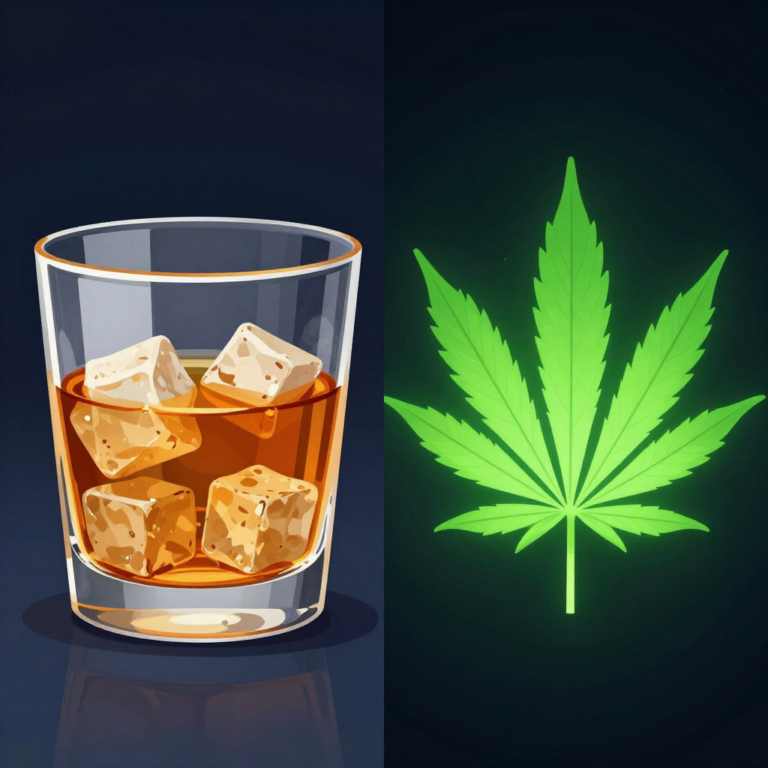 A split screen illustration showing a glass of whiskey on rocks on one side, and a glowing green cannabis leaf on the other.