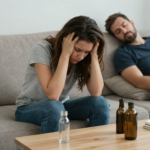 A stressed woman sitting on a couch, empty bottles on the table, a man sleeping in the background