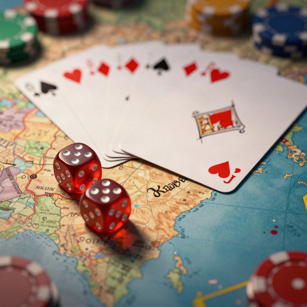 An editorial illustration of casino dice and playing cards resting on a map of India, dramatic lighting