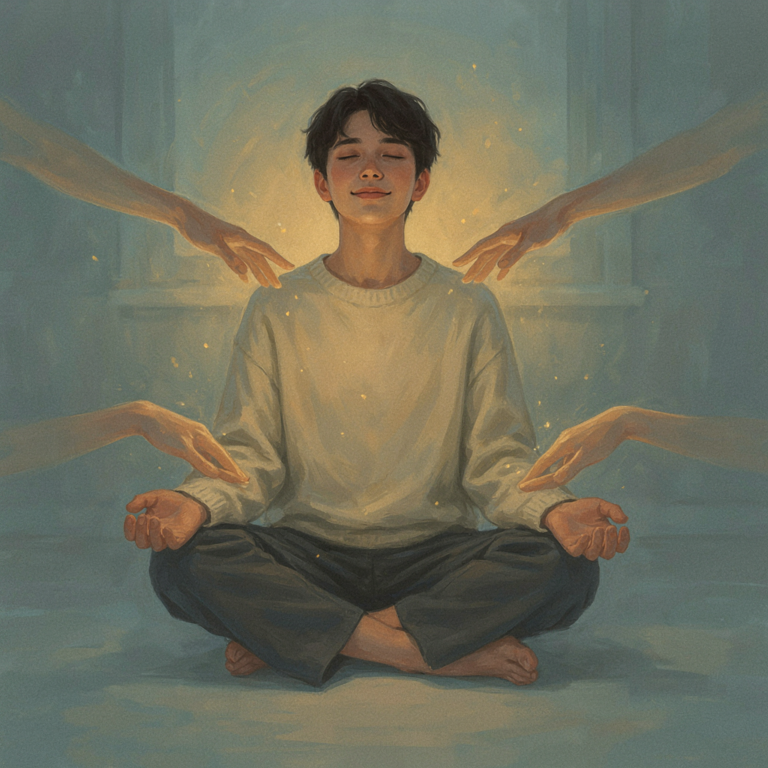 A conceptual illustration of a person finding peace after trauma, surrounded by calming warm light and supportive hands