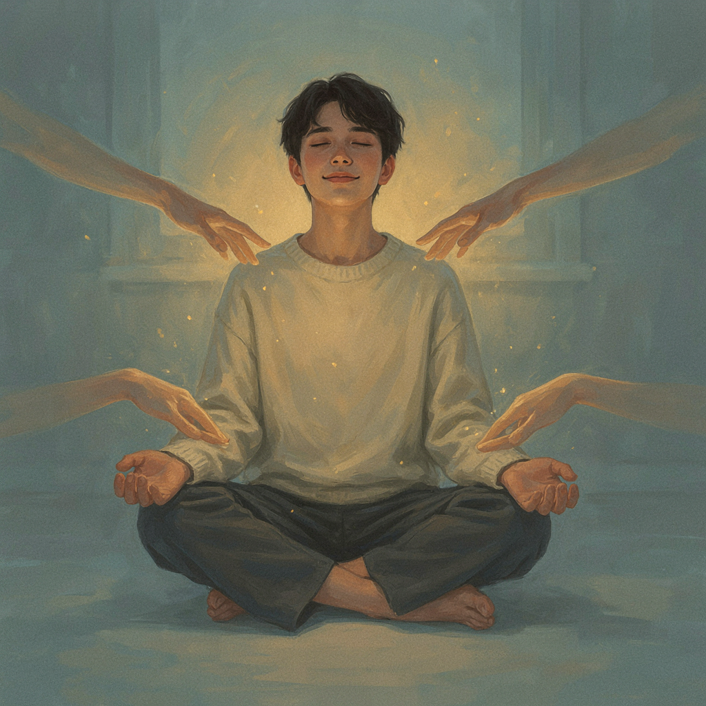 A conceptual illustration of a person finding peace after trauma, surrounded by calming warm light and supportive hands