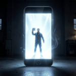 A giant smartphone trapping a tiny human inside its screen, glowing brightly in a dimly lit environment