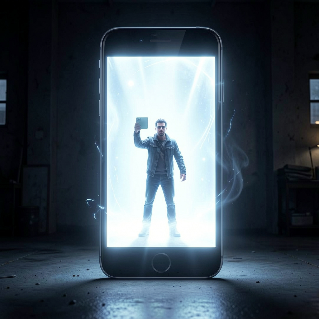 A giant smartphone trapping a tiny human inside its screen, glowing brightly in a dimly lit environment