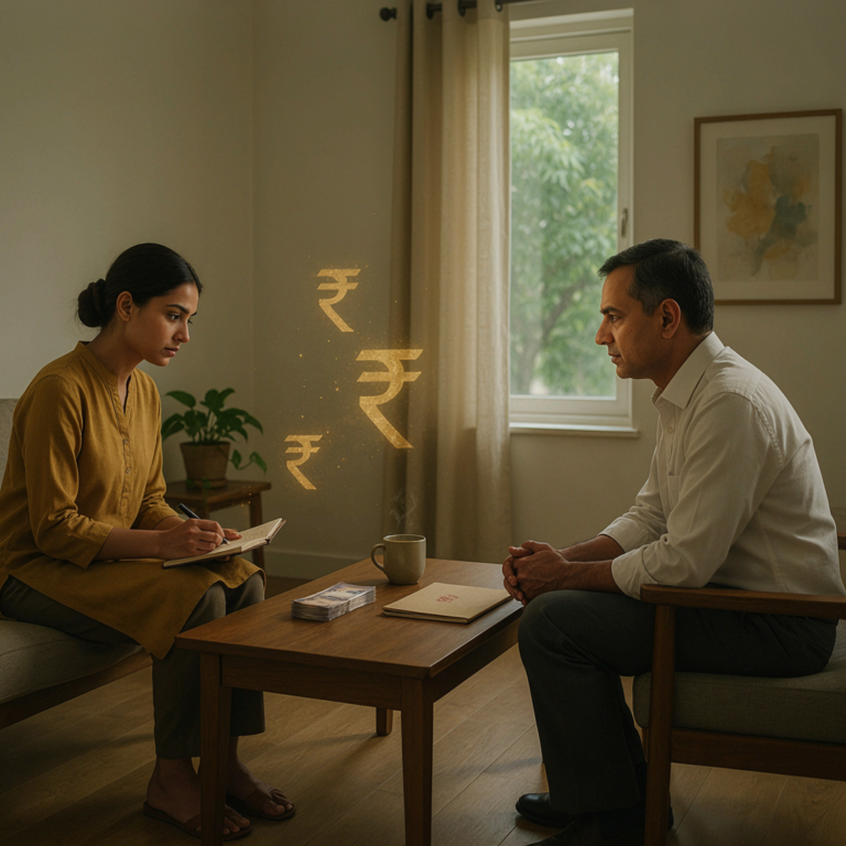 A patient and therapist in a modern Indian clinic discussing finances, Indian Rupee symbols floating conceptually