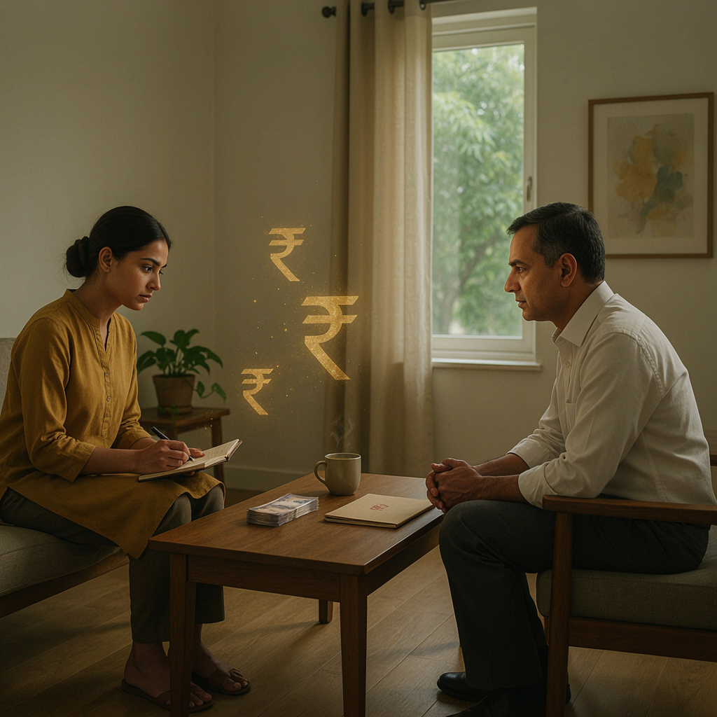 A patient and therapist in a modern Indian clinic discussing finances, Indian Rupee symbols floating conceptually