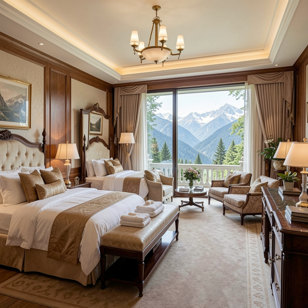 A premium luxury rehabilitation facility, elegant private rooms, beautiful mountain views, serene environment