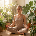 A serene woman practicing mindfulness meditation in a sunlit room, surrounded by lush indoor plants, soft morning light