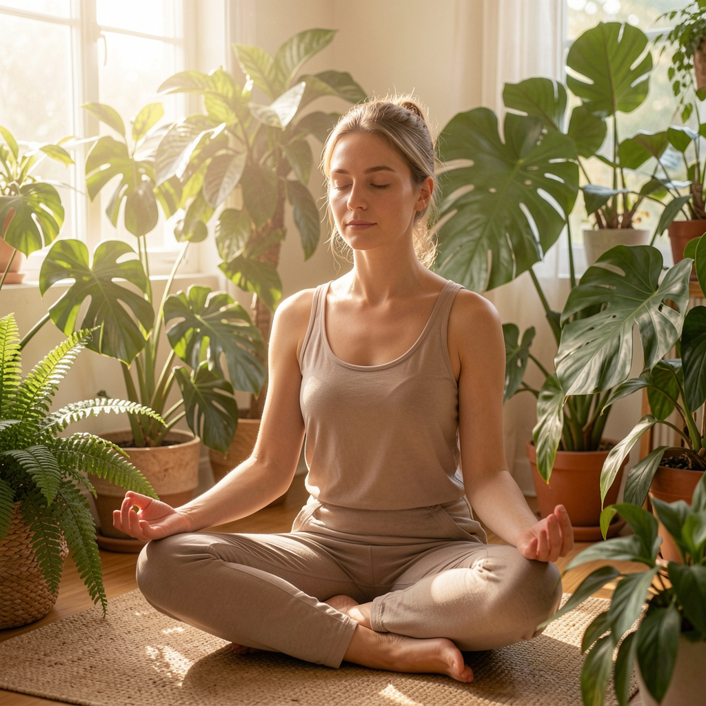 A serene woman practicing mindfulness meditation in a sunlit room, surrounded by lush indoor plants, soft morning light