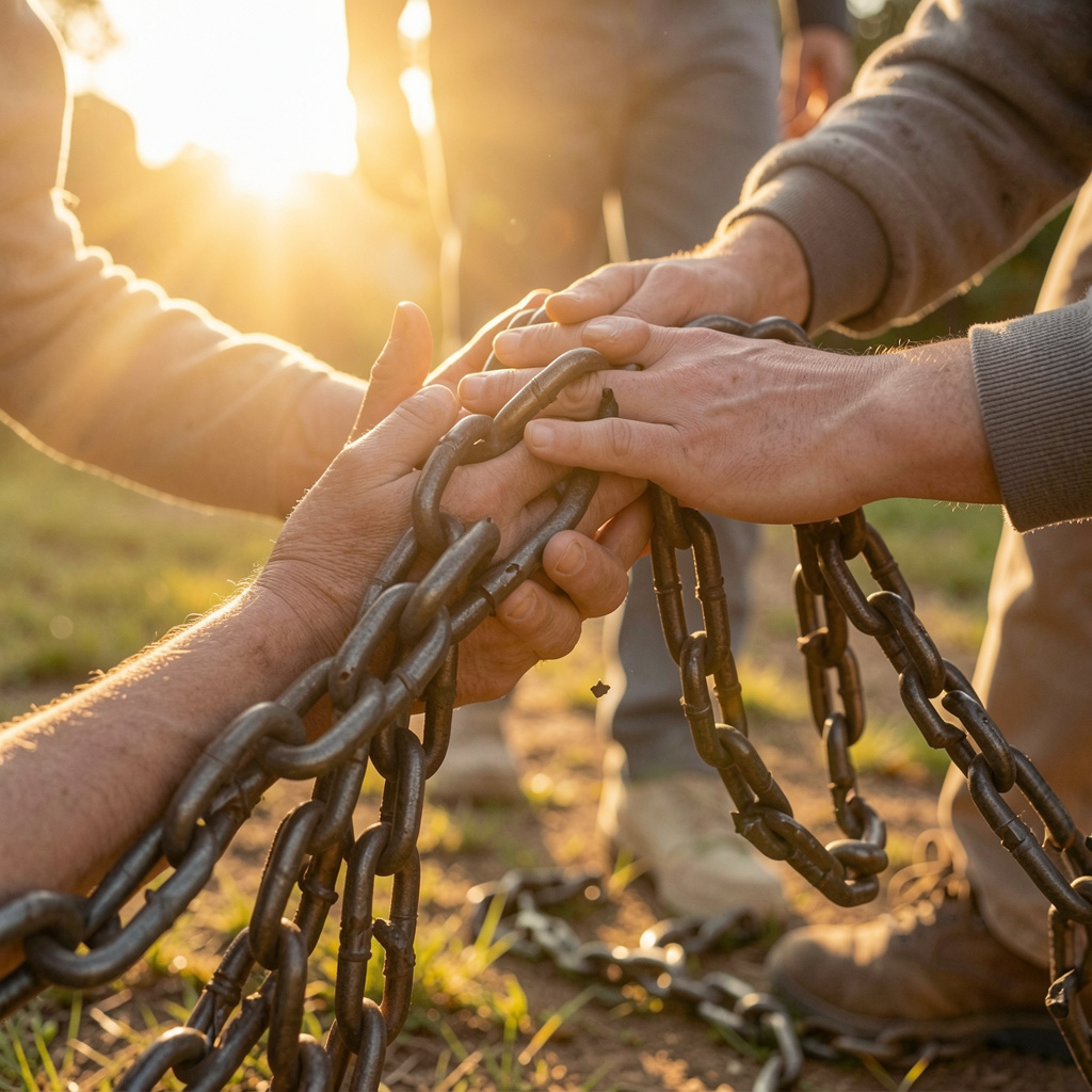 Caring hands reaching out to support a person stepping away from heavy broken chains, warm sunlight, hopeful recovery
