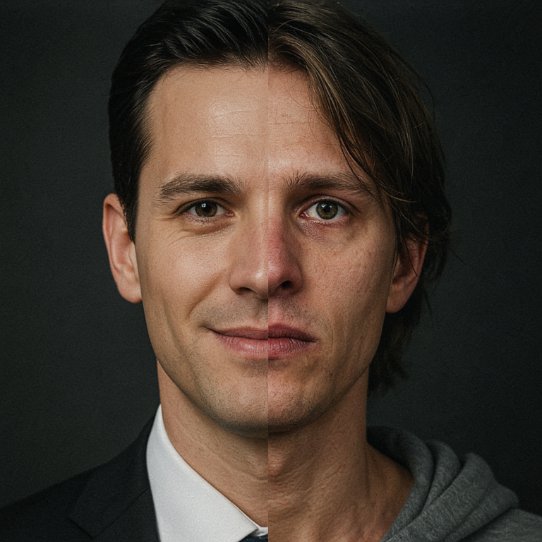 Split face portrait of a smiling CEO and a struggling addict, dark corporate background, conceptual editorial art