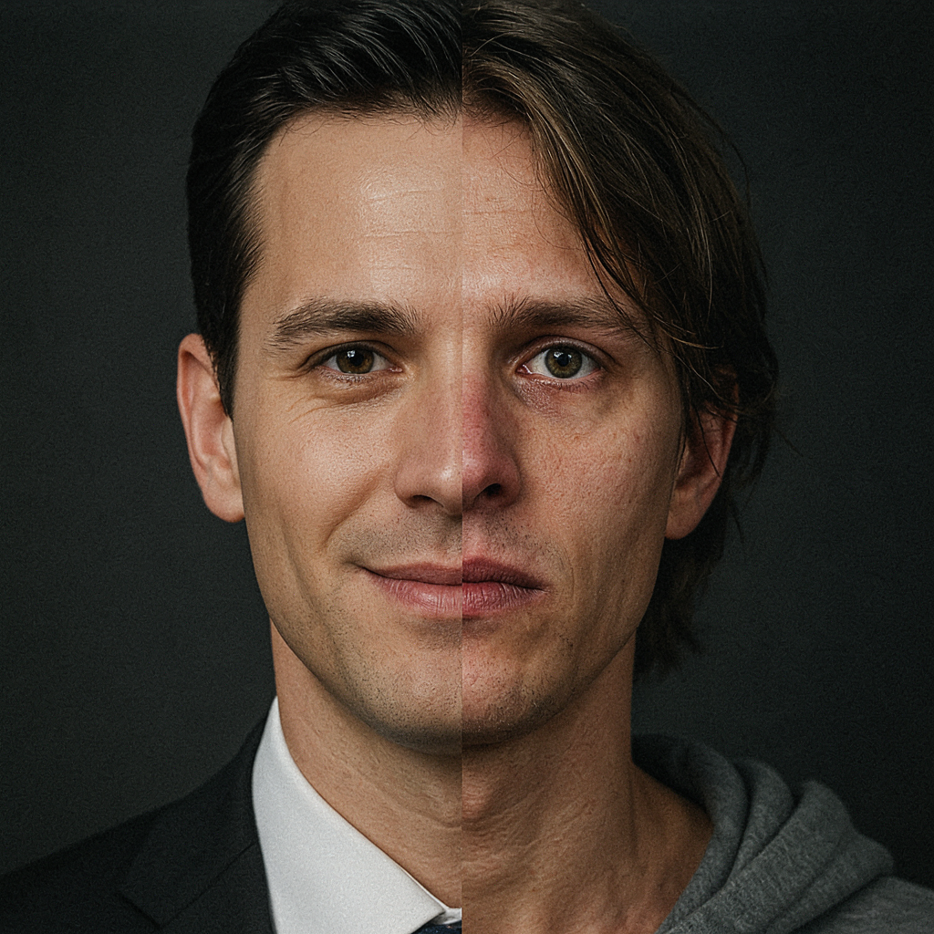 Split face portrait of a smiling CEO and a struggling addict, dark corporate background, conceptual editorial art