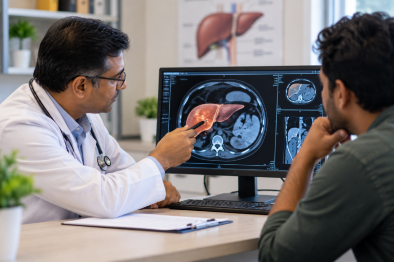 Doctor explaining a liver scan to a patient