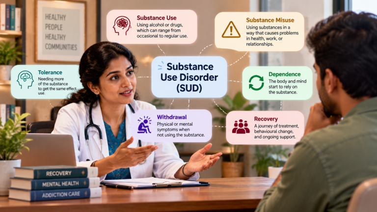 Doctor explaining substance use disorder terminology to a patient