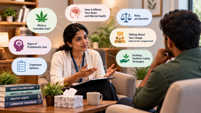Therapist speaking with a client about cannabis use in a calm setting