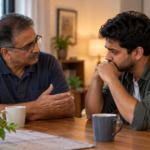 Parent and adult child sitting at a table, talking calmly about drug addiction