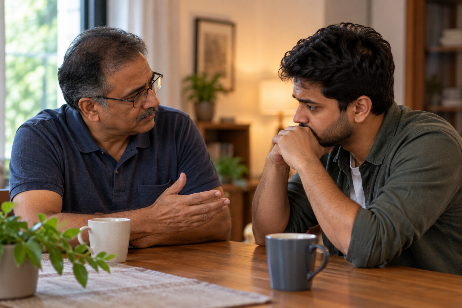 Parent and adult child sitting at a table, talking calmly about drug addiction