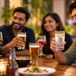Friends at a table with drinks, one person choosing water to avoid binge drinking