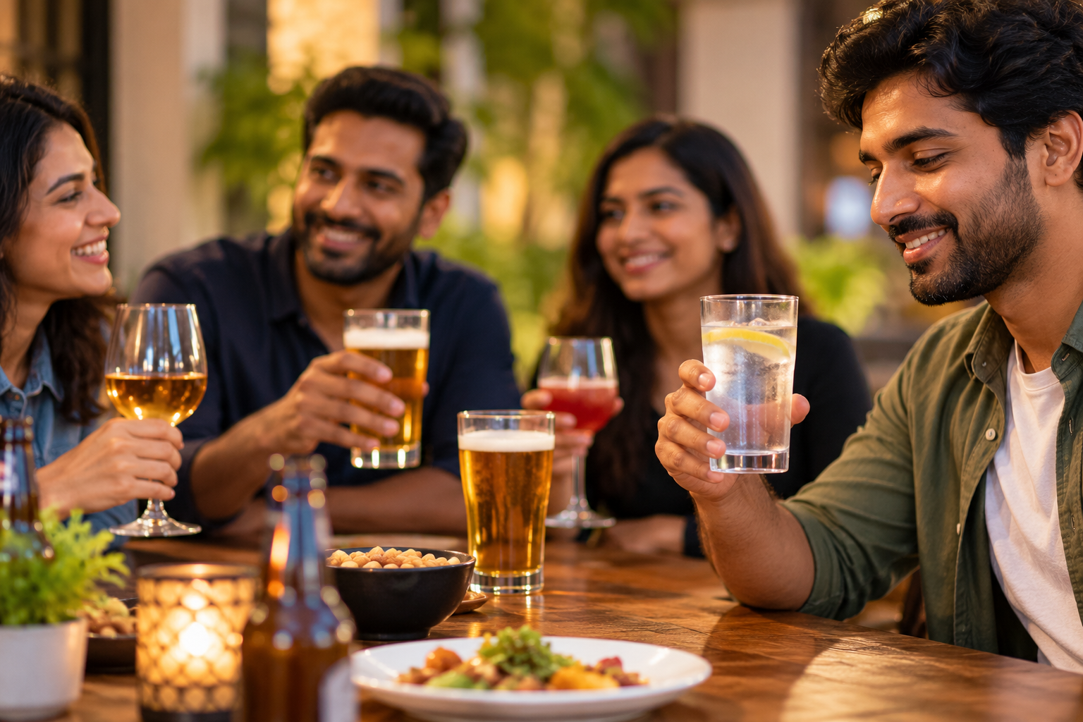 Friends at a table with drinks, one person choosing water to avoid binge drinking