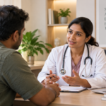 Doctor talking with a patient about safe alcohol detox in a calm clinic room