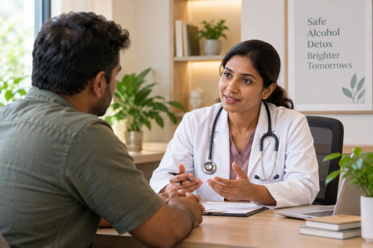 Doctor talking with a patient about safe alcohol detox in a calm clinic room