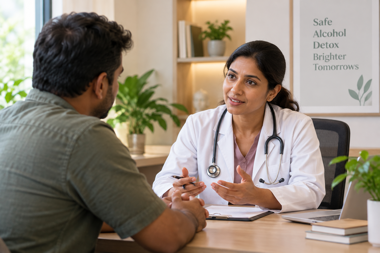 Doctor talking with a patient about safe alcohol detox in a calm clinic room