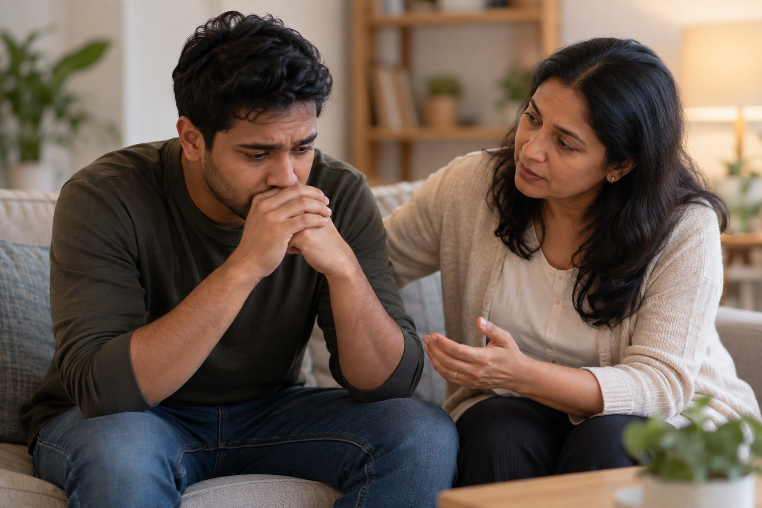 Family member sitting beside a loved one, talking calmly about how to help someone with a gambling addiction