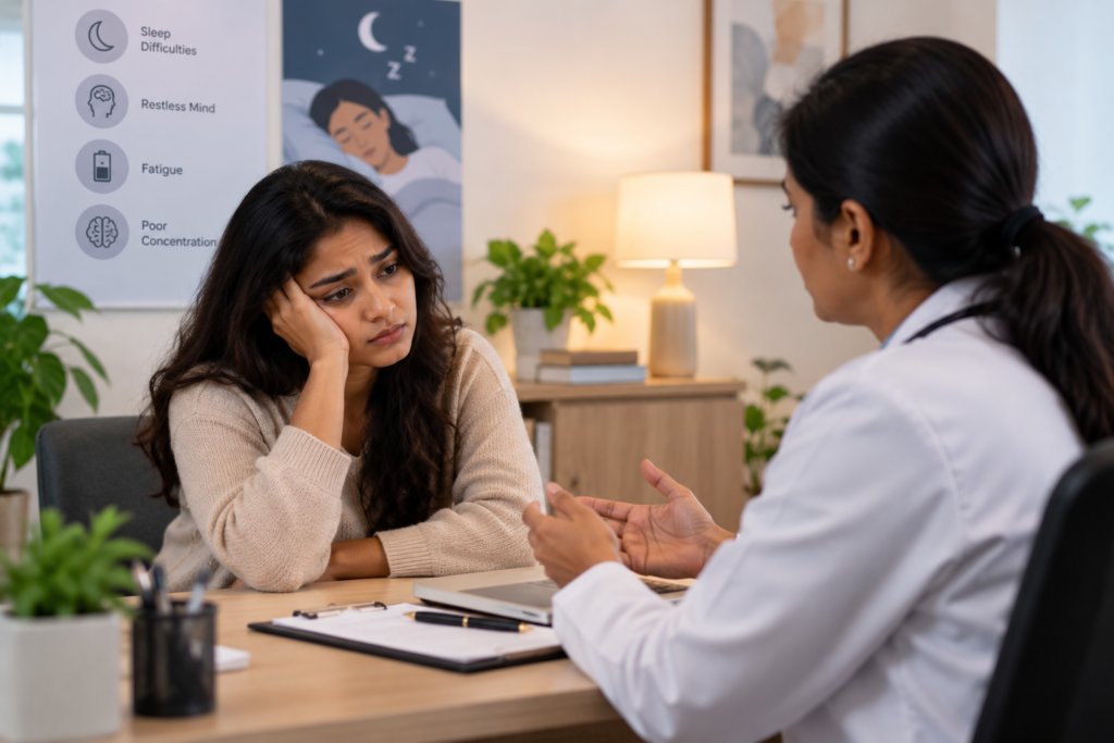 Doctor talking with a tired patient about sleep problems in a clinic