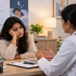 Doctor talking with a tired patient about sleep problems in a clinic