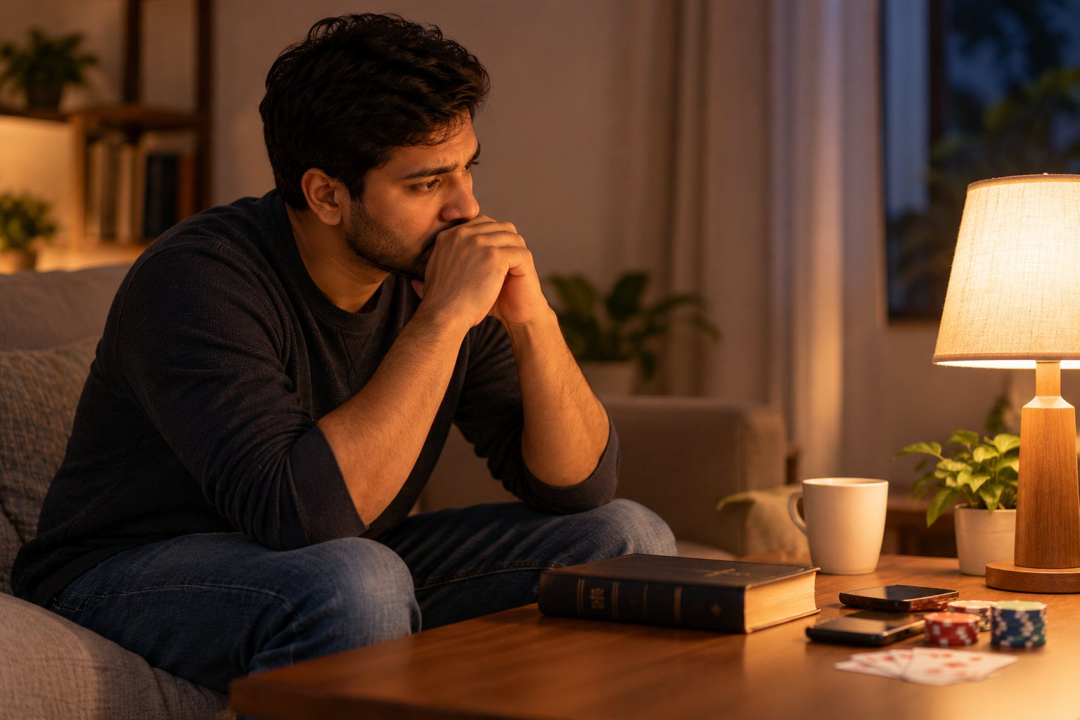 Person sitting quietly with a lit lamp, thinking about faith and gambling