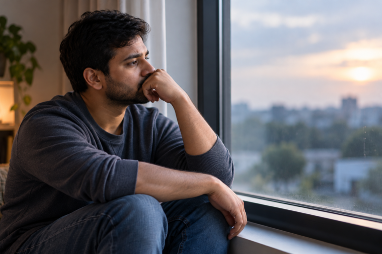 Person sitting by a window looking thoughtful, reflecting on feeling depressed or hopeless