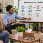 Counsellor explaining how addiction develops to a patient and a family member