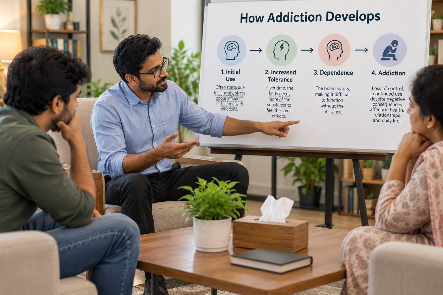 Counsellor explaining how addiction develops to a patient and a family member