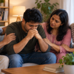 Family members sitting together offering support to a loved one in addiction recovery
