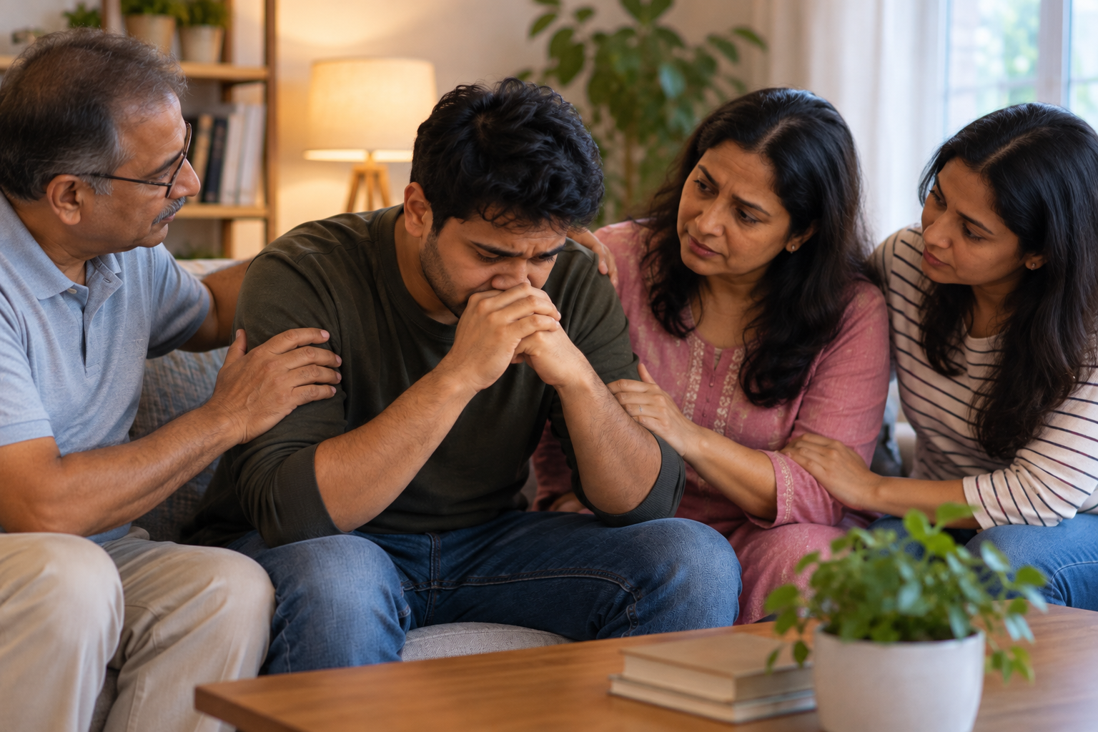 Family members sitting together offering support to a loved one in addiction recovery