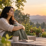 Person sitting quietly outdoors with a calm expression, taking time to heal