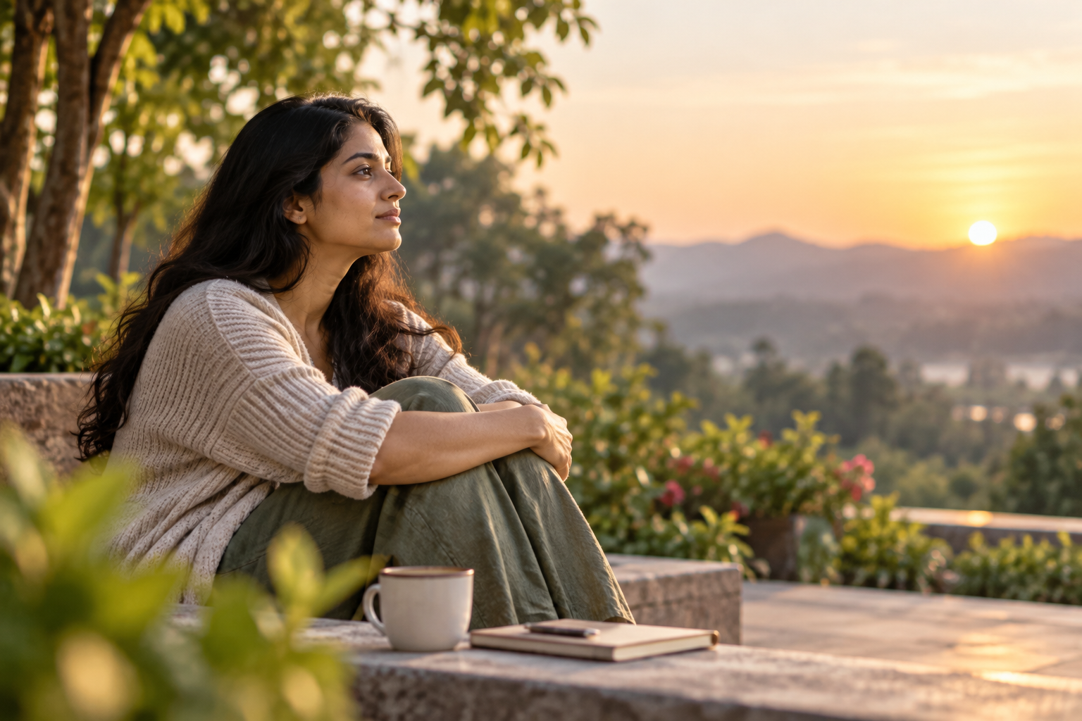 Person sitting quietly outdoors with a calm expression, taking time to heal