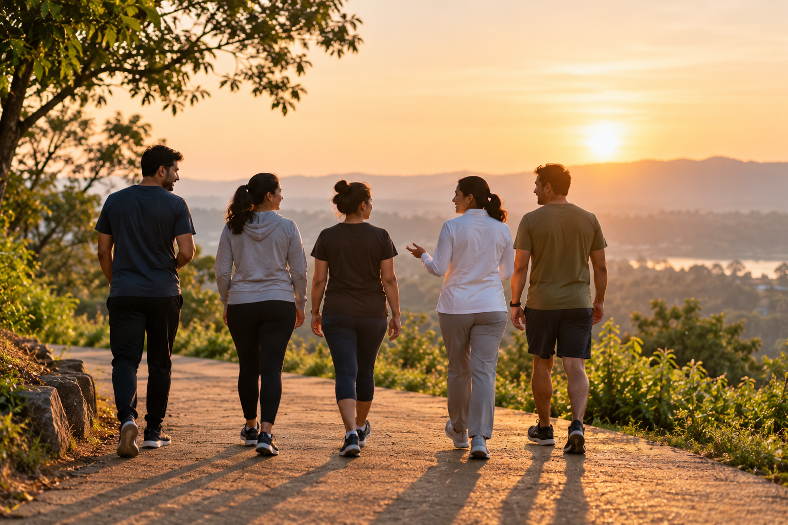 Group of people walking together outdoors at sunrise