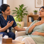 Psychiatric nurse guiding a patient through a relaxation exercise