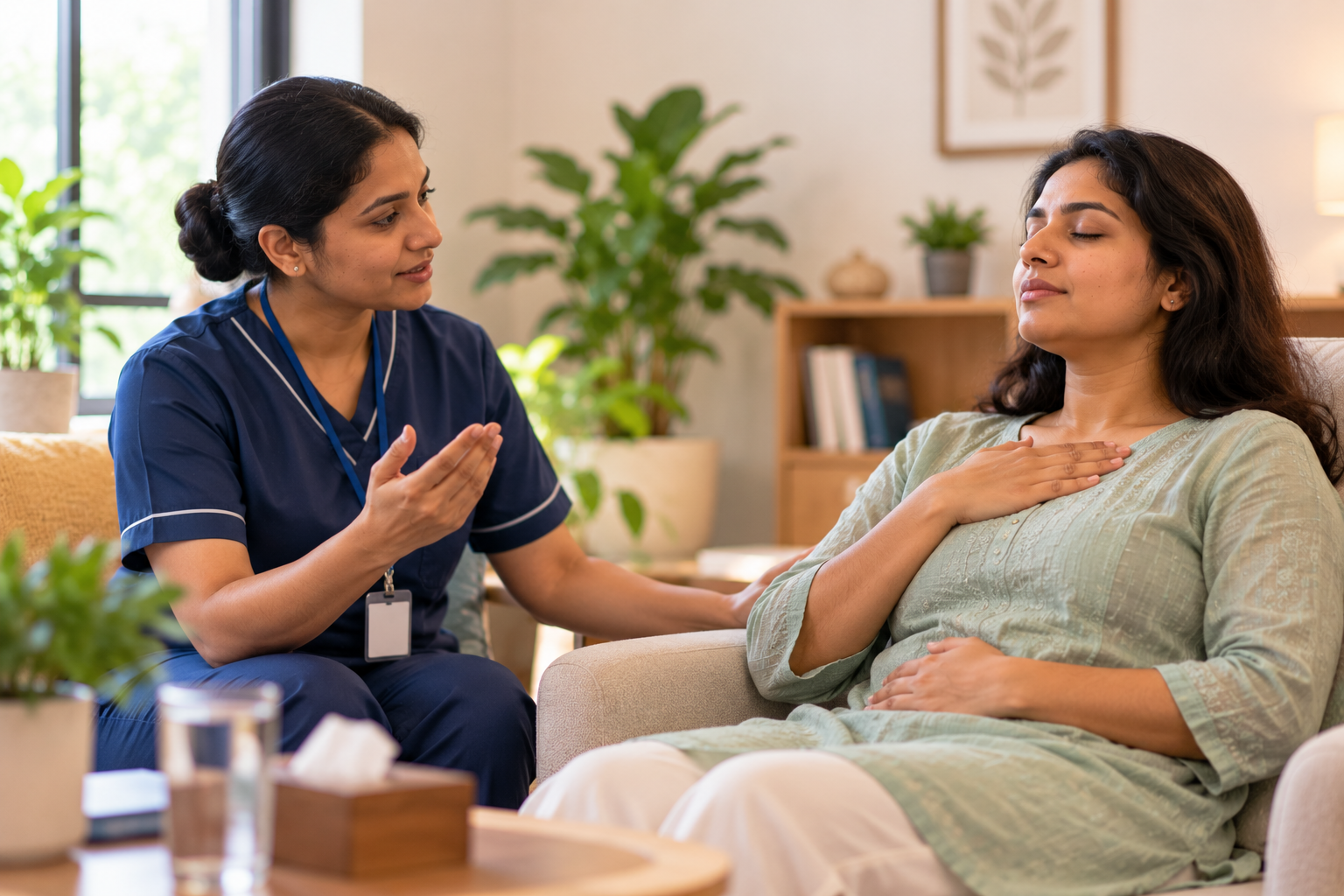 Psychiatric nurse guiding a patient through a relaxation exercise