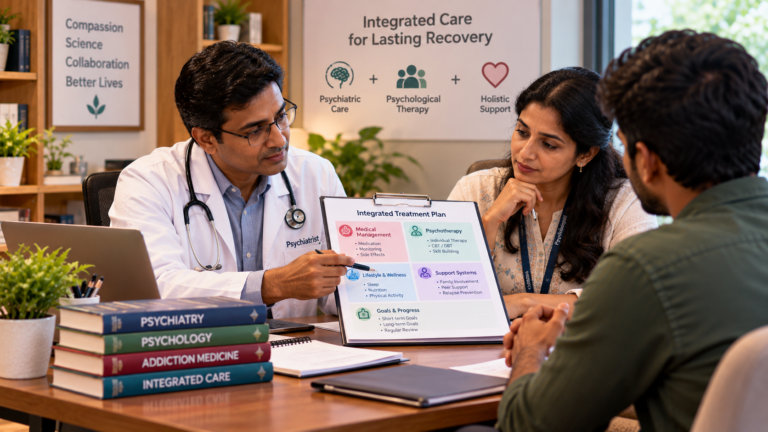 Psychiatrist and psychologist reviewing a patient's integrated treatment plan together