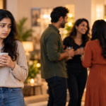 Young person standing apart from a group at a gathering, looking uneasy