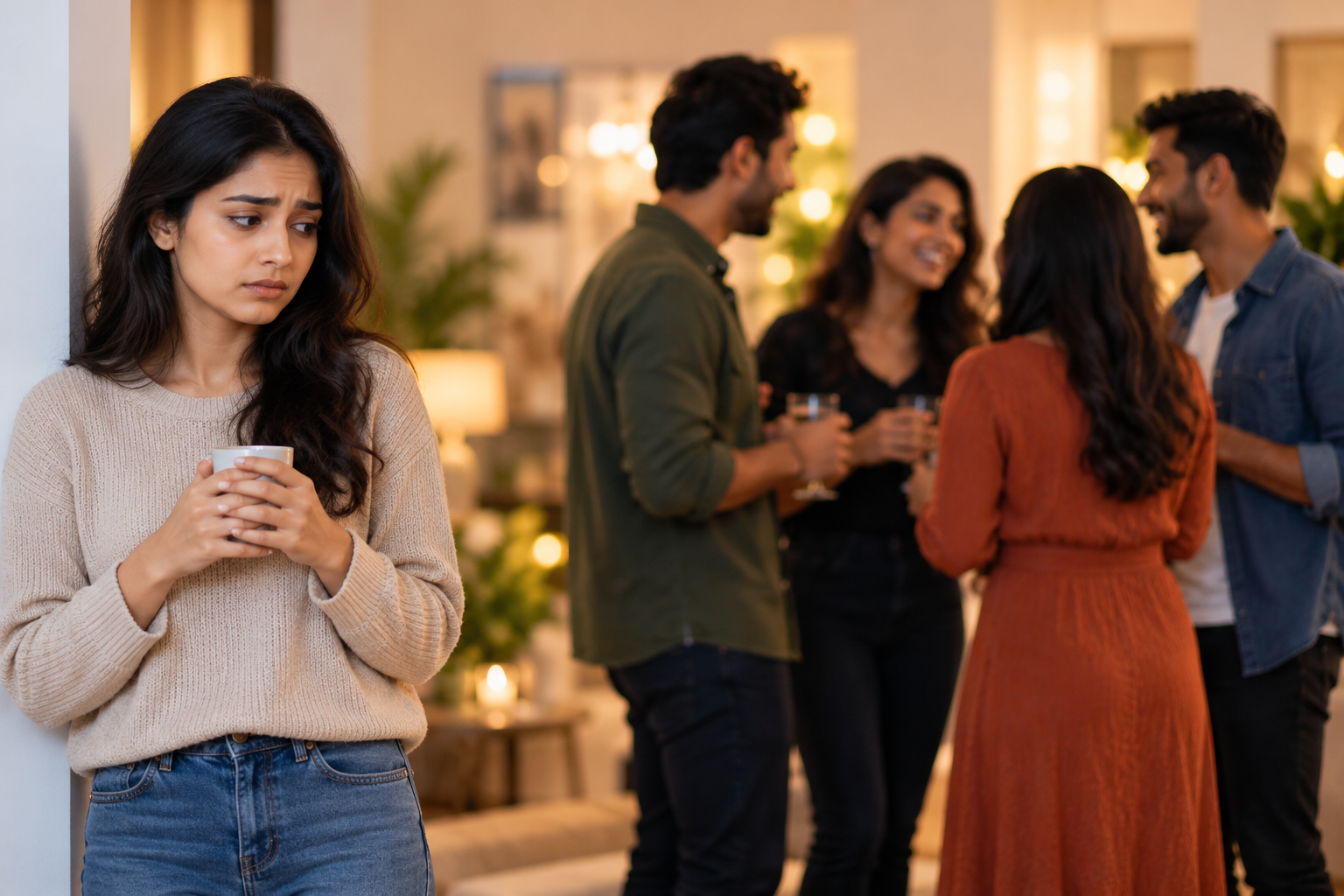 Young person standing apart from a group at a gathering, looking uneasy