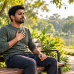 Person sitting on a bench with a hand on their chest, breathing slowly during a panic attack