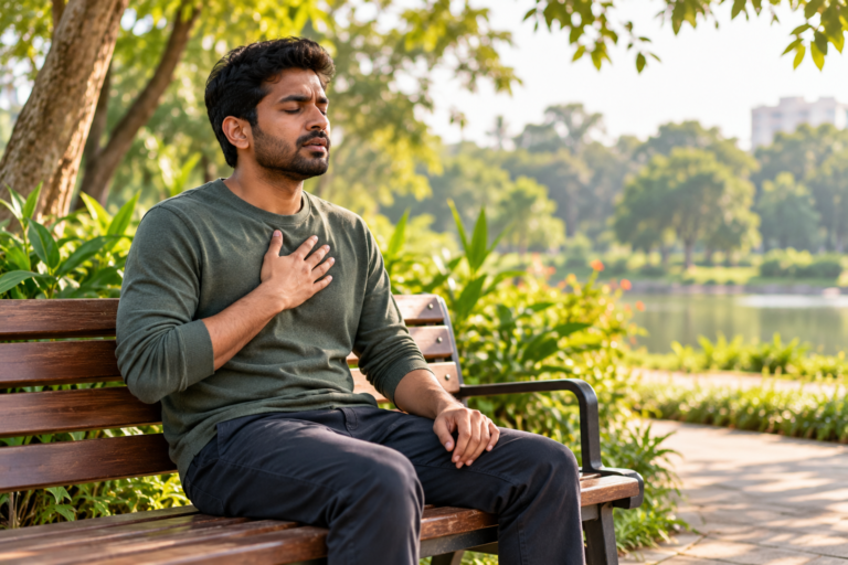 Person sitting on a bench with a hand on their chest, breathing slowly during a panic attack