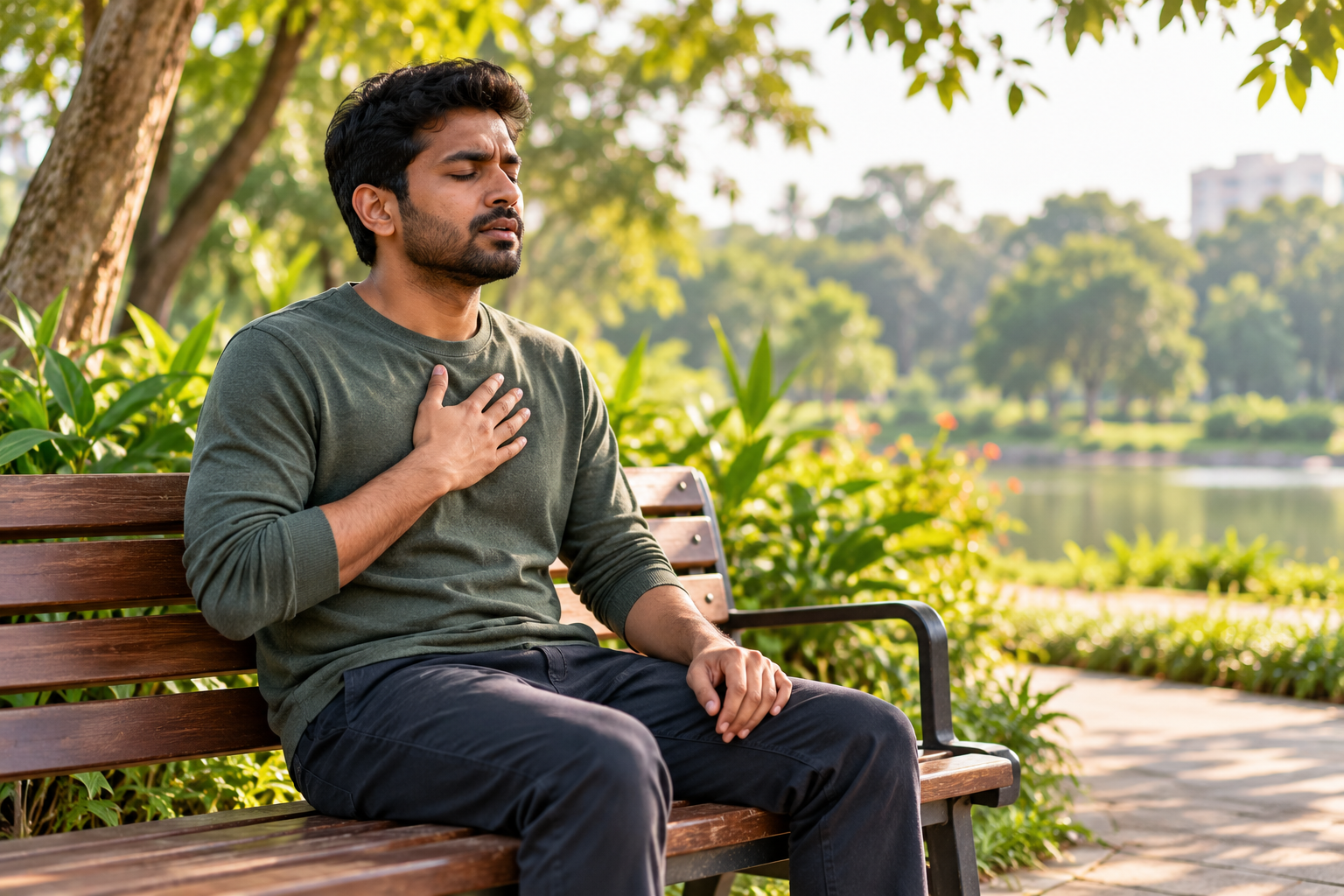 Person sitting on a bench with a hand on their chest, breathing slowly during a panic attack