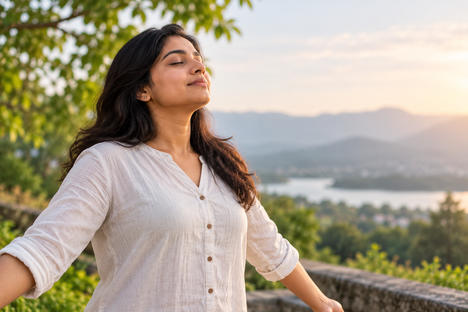 Person taking a slow breath outdoors to calm anxiety