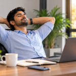Person taking a calm break at their desk to manage stress