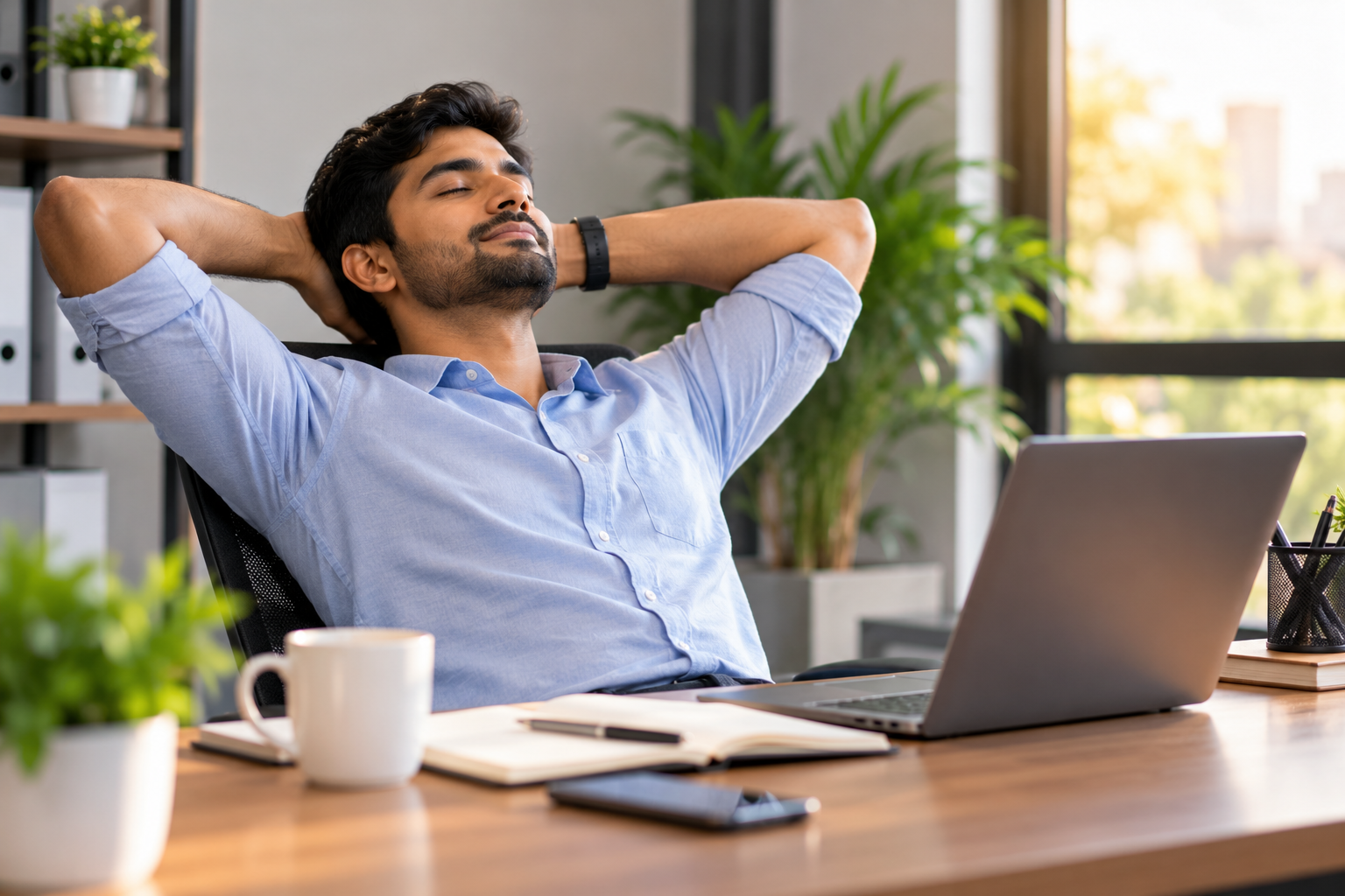 Person taking a calm break at their desk to manage stress