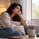 Person sitting on a sofa by a window in soft light, looking tired and thoughtful