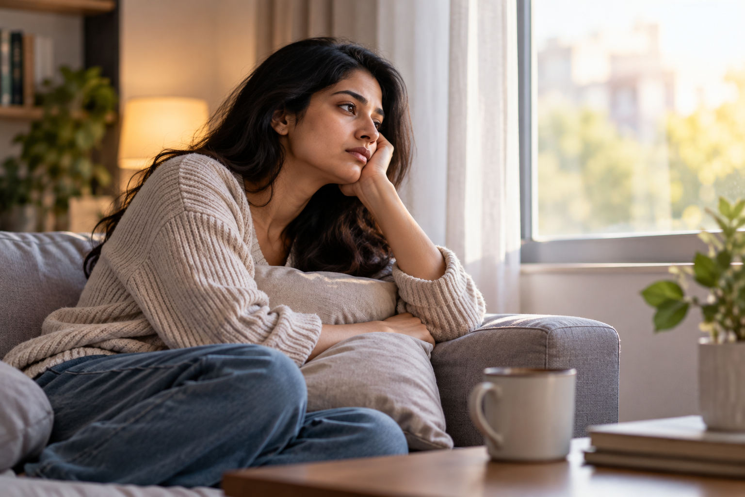 Person sitting on a sofa by a window in soft light, looking tired and thoughtful